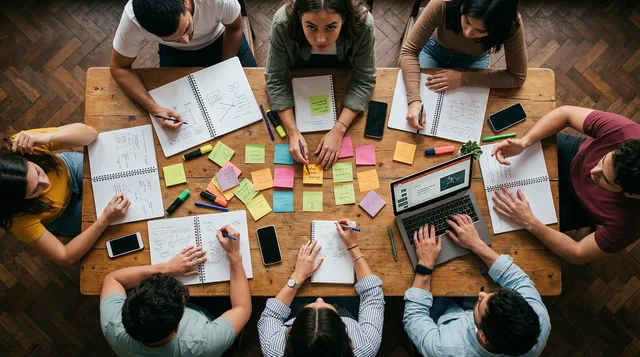 eam, workshop, office, collaboration, sticky notes, planning, strategy, brainstorming, table, overhead, people, working, laptop, notebooks, creativity, business, meeting, together, analysis, group, ai generated. How to map copywriting services AI applications to client work