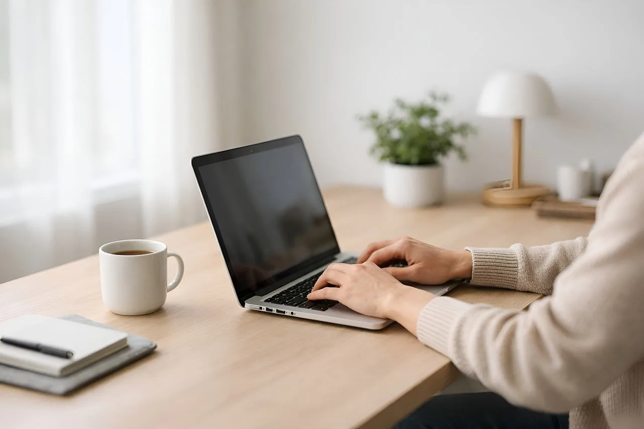 remote work, freelance, laptop, home office, typing, workspace, coffee cup, productivity, modern, minimal, lifestyle, blogging, independent, technology, desk, creative, business, professional, independent work, clean