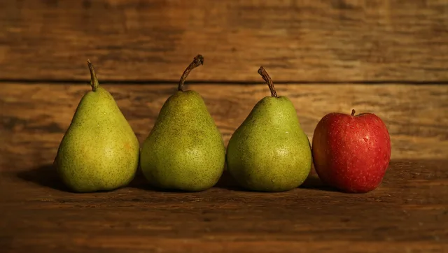 fruit, pears, apples, odd one out, food, brown food, brown apple, brown fruits, pears, pears, pears, pears, pears, odd one out, odd one out. Comparing copywriting services products without a like-for-like trap